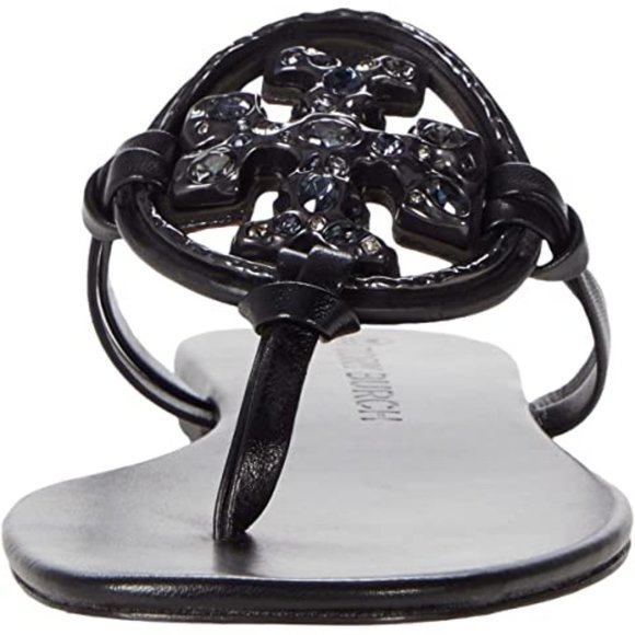 Tory Burch Miller Jeweled Embellished Crystal Leather Thong Sandals Black - Picture 9 of 13